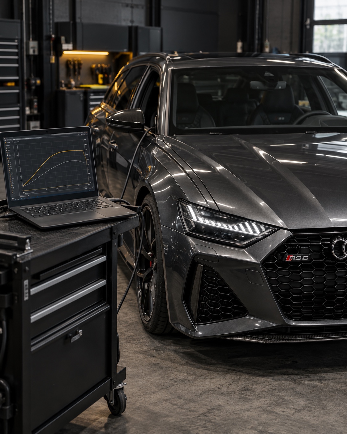 Audi RS6 et ordinateur de diagnostic dans un atelier
